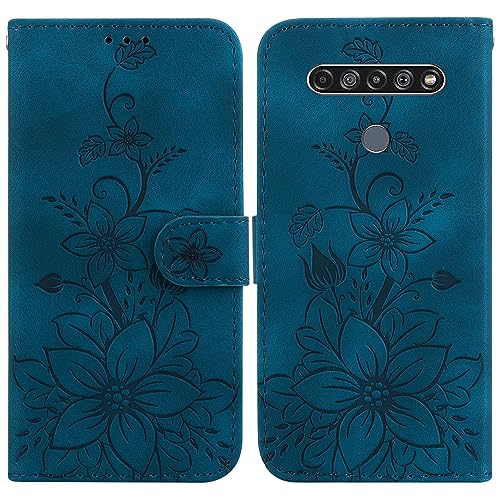 BLOTECH Schutzhülle für LG K61 Hülle Leder,Handyhülle für LG K61,Stoßfeste Handytasche Magnetisch Prägung Flip Blumen PU Leder Tasche Wallet Hülle für LG K61,Blau