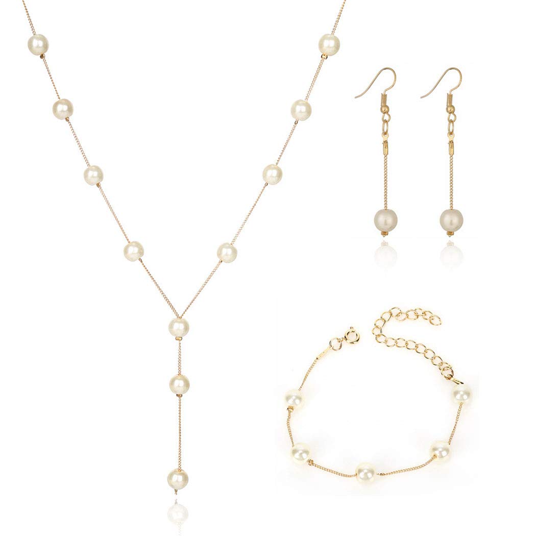 Bridal Necklace Earring and Bracelet Set Faux Pearl Jewelry Set for Women Wedding Bridal Jewelry (Gold)