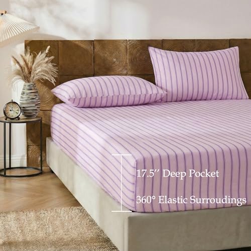 Image of Merryword 100% Cotton Sheet Set Full Size - Pink & Purple Striped Bedding, Soft Breathable Percale Weave, Deep Pocket Fitted Sheet 17.5 inch, Luxury & Silky Soft Sheet Set for All Seasons