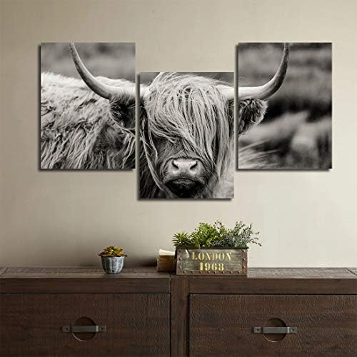 Gardenia Art Scottish Highland Cow Canvas Print Animal Painting Wall Art for Living Room pet Shop Zoo Decoration 12x16 inch/Piece, Framed, 3 Panels