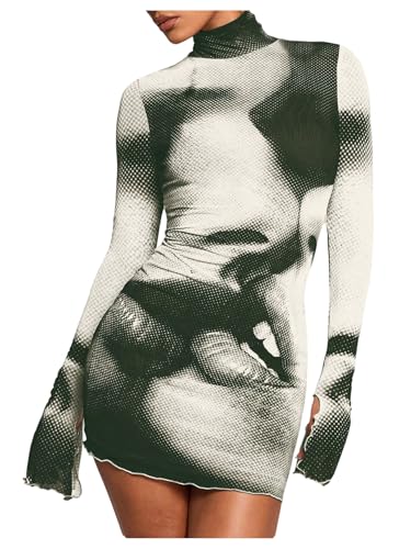 Image of GORGLITTER Women's Mesh Y2K Rave Vegas Going Out Dress Outfits Long Sleeve Club Turtleneck Neck Newspaper Mini Dresses
