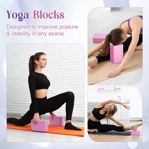 RoundFunny 5 Pcs Yoga Blocks Knee Pads Yoga Strap Set Soft Premium Foam Blocks Accessories for Pilates Meditation General Fitness Stability, Kneeling, Balance, Deepen Stretches and Toning (Pink) by RoundFunny - Image 4