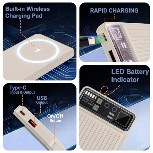Image of Energizer 22.5W Fast Charging Wireless Power Bank 10000mAh, 15W Qi Wireless, USB-C PD + QC Output, Compact Portable Charger for iPhone, Samsung, Android | Travel Friendly | 1 Yr Warranty | Beige
