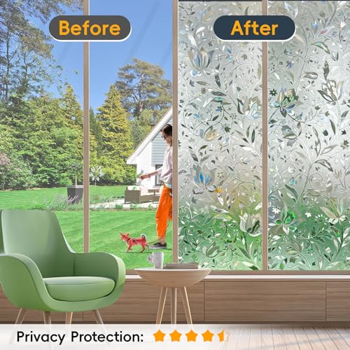 Image of Dwersty Frosted Glass Window Privacy Film Decorative, Bathroom Window Privacy Film for Glass Windows Cover, Static Cling, Removable, Reusable, Anti-UV, Anti-Glare, 17.5 inch by 78.74 inch