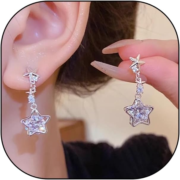 Dainty Cubic Zirconia Dangle Earrings for Women Teen Girls Trend Cute 14k Gold Silver Tiny Drop Earrings Geometric Star Earrings Wedding Jewelry Gift