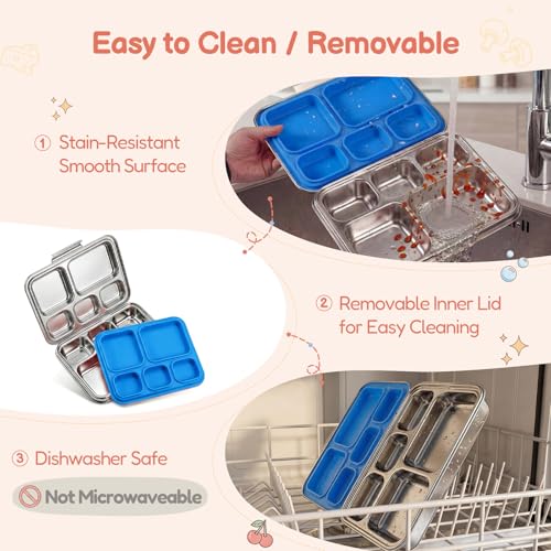 Stainless Steel Bento Lunch Box： 7+Older Kids，Teens and Adults, Leak-Proof, BPA-Free, 5 Compartments, Eco-Friendly, Durable Lunch Box for School, Office, Fitness, Travel, and Meal Prep–（Blue) — view 3