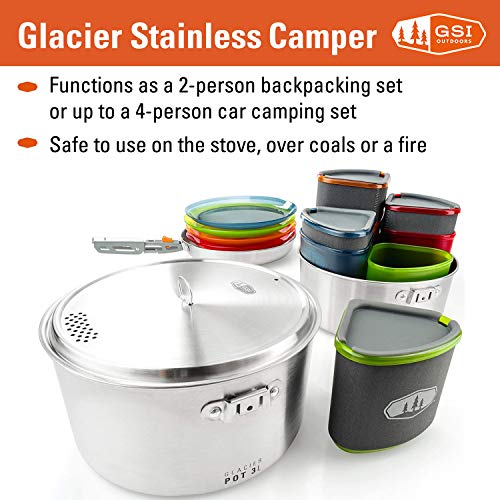 Gsi Outdoors Glacier Stainless Camper 4 Person Packable Cookware & Dinnerware Set For Camping Or Backpacking #TOP1