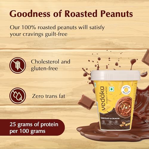 Image of Amazon Brand - Vedaka Peanut Butter Chocolate Crunchy 500G | 25% Protein | No Palm Oil | Healthy Nut Butter Spread | Zero Cholesterol & Zero Trans Fat | Fibre-Rich (Pack of 3)
