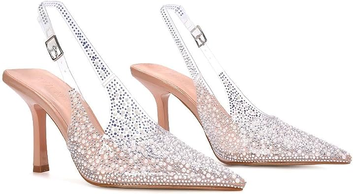 ESSEX GLAM Women's Clear Perspex Court Shoes Ladies Pointed Toe Buckle Pearl Jewel Party Sandals Size 3-8