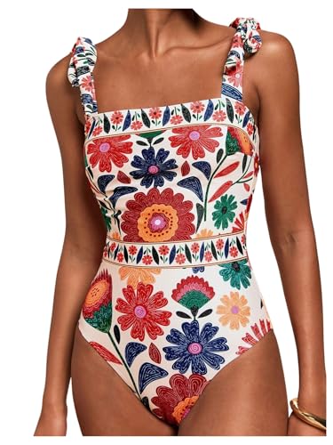 Floerns Women's One Piece Swimsuit Floral Bow Tie Shoulder Tummy Control Bathing Suit