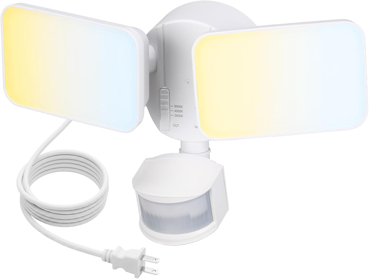 LEONLITE 25W 3CCT Luz de seguridad LED enchufable ETL y FCC listado blanco | Sensor de movimiento y luces de inundación de anochecer a amanecer para exteriores, 3 modos de iluminación, 2 cabezales ajustables, ubicación húmeda