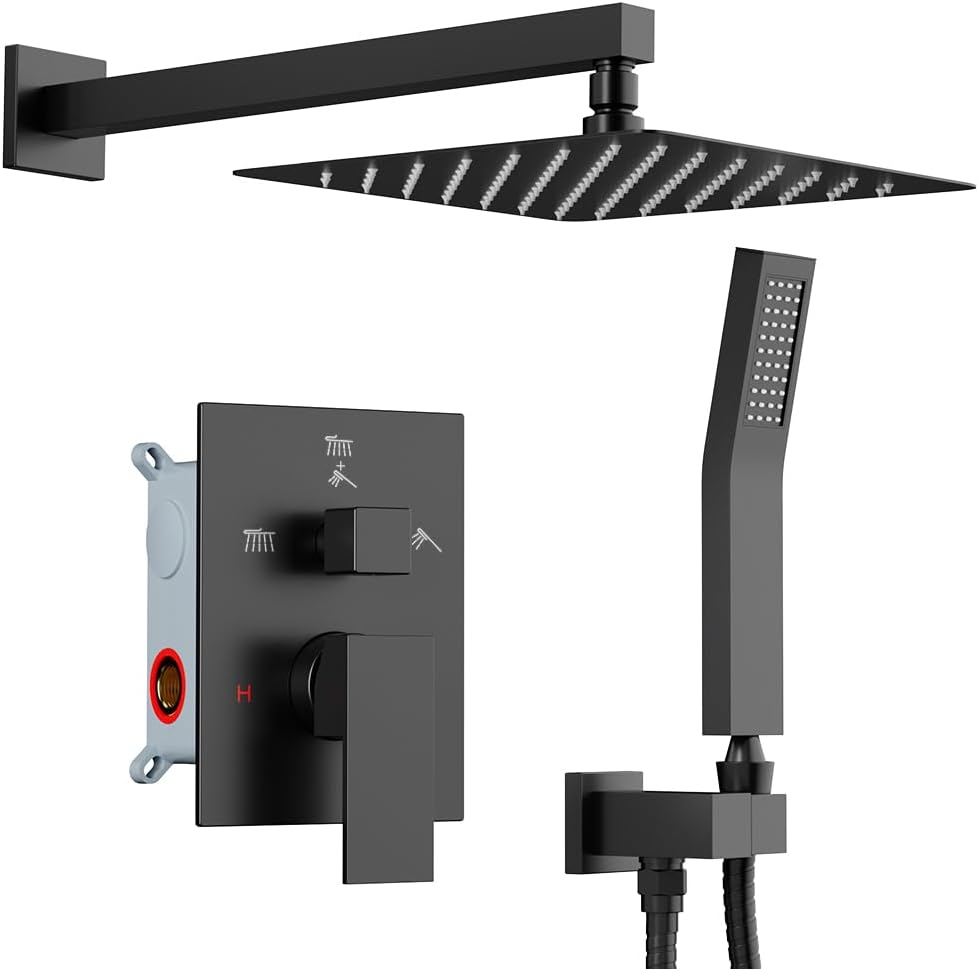 Shower Faucet Set Matte Black Shower System, Starbath 10" Rain Shower Head and Handheld Spray Shower Set Complete Wall Mounted,2 Way Pressure Balance Shower Valve and Trim Kit Included