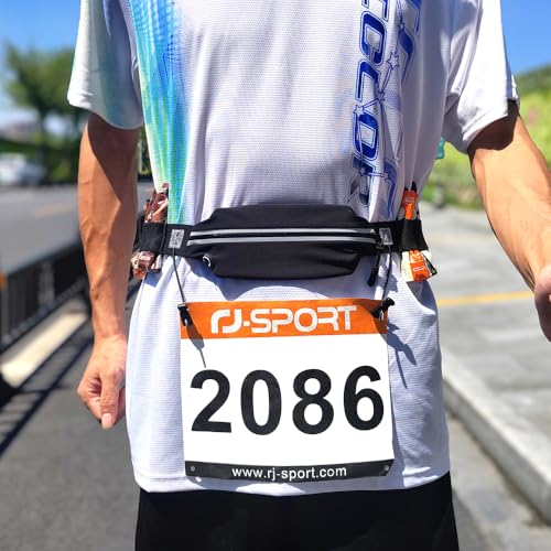 RJ-Sport Laufgürtel für Handy - wasserdichte Lauftasche, Sportgürtel Hüfttasche, Triathlon Startnummernband Laufgurt mit Bauchtasche & Verstellbarem Gummiband & Nummernhalter &6 Gel-Halter (Schwarz)