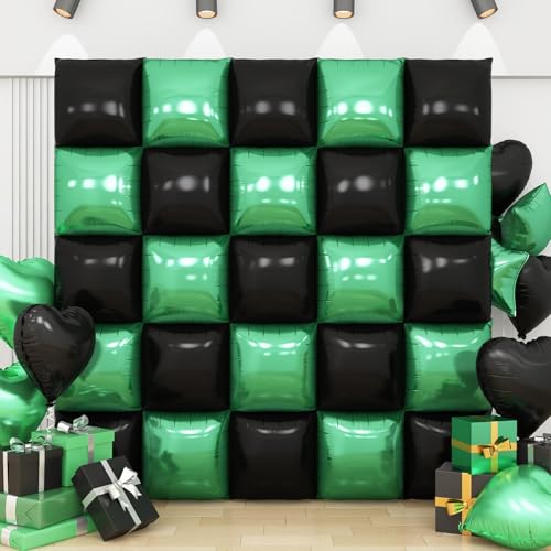 Black Green Square Foil Balloon Wall,25Pcs Double Sided Foil Balloons