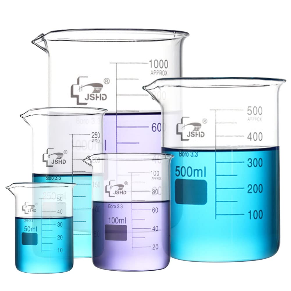 5PCS Glass Measuring Beaker Set, Low Form, 50ml 100ml 250ml 500ml 1000ml Graduated Beakers, 3.3 Borosilicate Glass