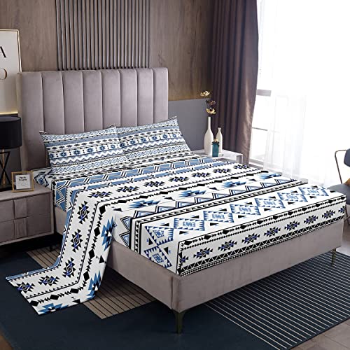 Bohemian Fitted Sheet Full,Moroccan Boho Bed Sheets Tribal Stripes Aztec Sheet Set for Kids Child,Exotic Geometry Triangle Bed Cover Nordic Mexican Style Bedroom Decor Blue