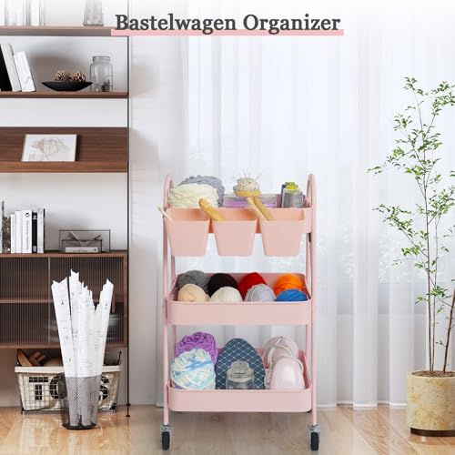 danpinera Rollwagen mit 3 Ebenen, Rollwagen Metall, Rollwagen Küche mit feststellbaren Rädern & hängenden Bechern & Haken, Mobiler Bastelwagen für Küche, Bad, Büro, Werkstatt, Rosa