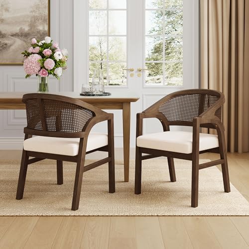 Christopher Knight Home Faritel Modern Wooden Dining Chairs Set of 2, Fabric Upholstered Kitchen Side Armchairs, Living Room Comfy Reading Chair with Curved Rattan Back, Light Ash+Beige
