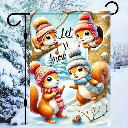 Image of BlissYard Garden Flag Squirrel Forest Winter 12x18 Inch Polyester