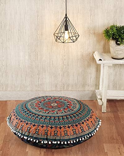Popular Handicrafts Floor Pillow Cushion Cover - Hippie Elephant Mandala Cushion Cover Large Cotton - Pouf Cover Round Bohemian Yoga Decor, 32" Blue Multicolor