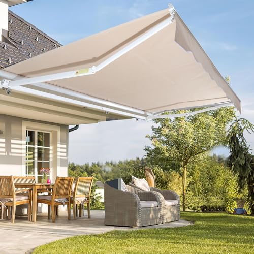 Fiqops Toldo de brazo articulado manual, 350 x 300 cm, toldo para el sol, protección solar con manivela, anti UV y resistente al agua, aluminio/poliéster para balcón, terraza, jardín, color beige