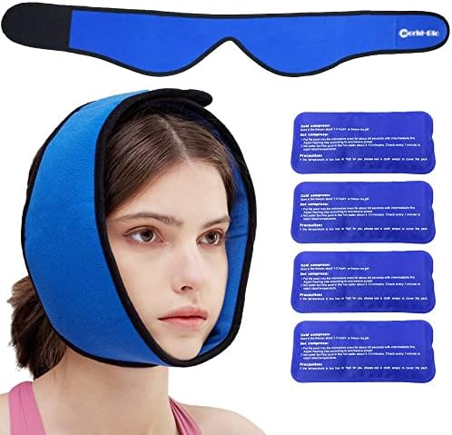 Jaw Ice Pack for Chin Head Jaw Surgery Injuries Hot Cold Compress Packs for Jaw/Chin Pain, TMJ Relief, Headaches, Wisdom Teeth Pain Relief, Face Jaw Ice Pack Wrap with 4 Reusable Gel Cold Packs