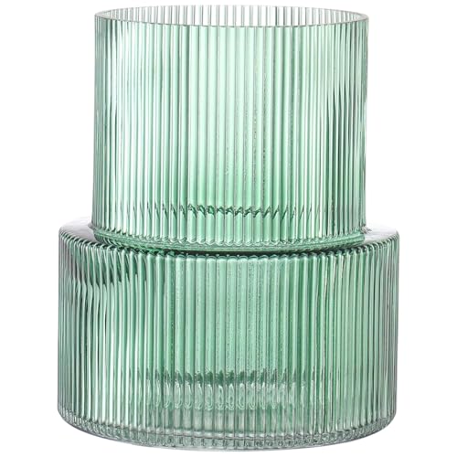 KAYLETIN Green Glass Vase, Ribbed Vases for Flowers, Flower Vase for Tulips, Modern Vases for Living Room, Dining Table, Entryway, Mantle, Shelf, Wedding, Office, 19CM