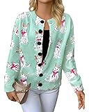 Green Rabbit & Cat Cardigan Sweaters for Women Long Sleeve Knit V Neck Button Casual Lightweight Coat for Fall Winter