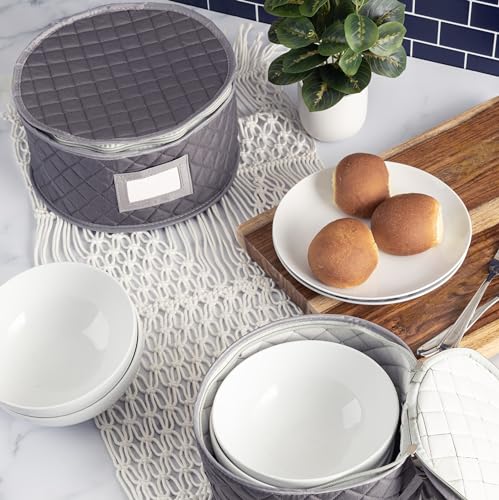 Fine China Storage - Set of 4 Quilted Cases for Dinnerware Storage. Sizes: 12" - 10" - 8" and 7" Wide - Gray - 48 Felt Plate Separators Included - Thumbnail 3