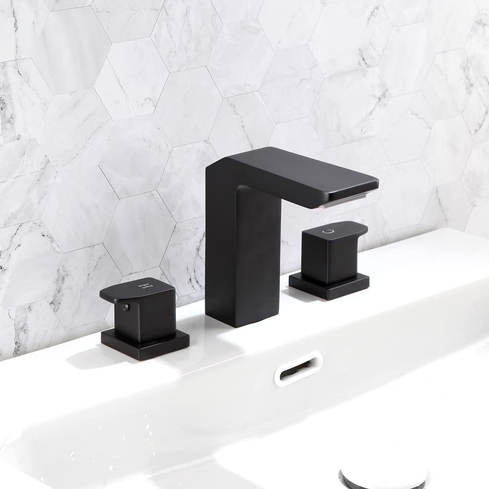 POP SANITARYWAREMatte Black 2-Handle Widespread Bathroom Sink Faucet for 3 Holes Solid Brass 8 Inches Waterfall Bathroom Vanity Faucet Basin Mixer Faucets