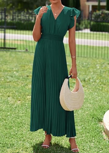 Image of KIRUNDO Women's Summer Maxi Dresses Elegant V Neck Ruffle Flutter Sleeves Empire Waist Pleated Flowy Wedding Guest Dress