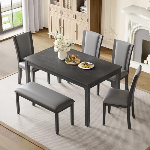 WOODHOMER 6-Piece Dining Table Set with Bench and Chairs, Wooden Dining Table Set for 6 People, Farmhouse Rustic Kitchen Table Set for Dining Room, Dark Walnut