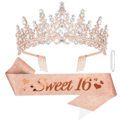 CURASA 16th Birthday Sash and Crown Rose Gold Sweet 16 Sash 16th Birthday Tiara for Women Girls Sweet 16 Decorations Party Supplies