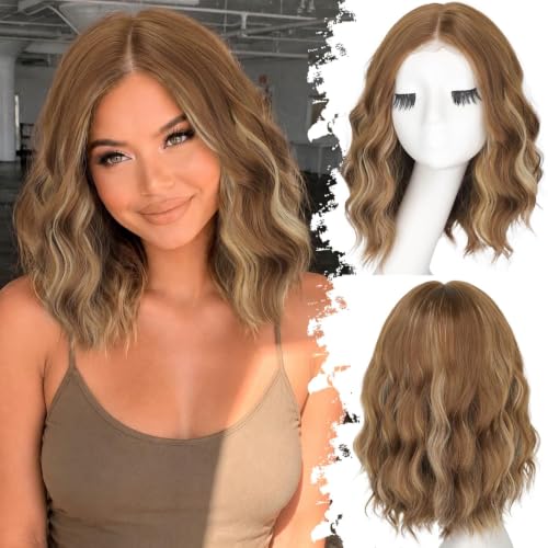 Image of Eawwii Wigs for Women Copper Brown Blonde,Short Wavy Synthetic Lace Wig