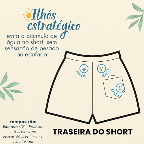MASH Shorts Folhagem Casual Praia Dry Fast Elastano Beach Com Bolso, Azul Denim, M