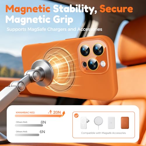 Image of Silicone 360 Spin Magnetic Stand Case for iPhone 16 Pro Max, [Compatible with Mag-Safe][Reinforced Hard Camera Protection] Liquid Silicone Rubber Phone Cover with Ring, Camera Button, Orange