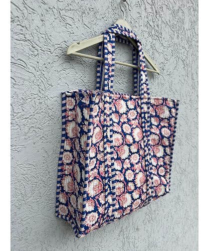 Image of Quilted Cotton Handprinted Reversible Large multicolor Floral Tote Bag,Hand Block Print Shopping Shoulder Carry Bag
