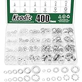 Keadic 400Pcs Split Lock Washer & External & Internal Star Washers and Flat Washer Assortment Kit, 304 Stainless Steel Spring Lock Washers Set- #6,#8,#10,1/4" 5/16" 3/8"(Imperial)