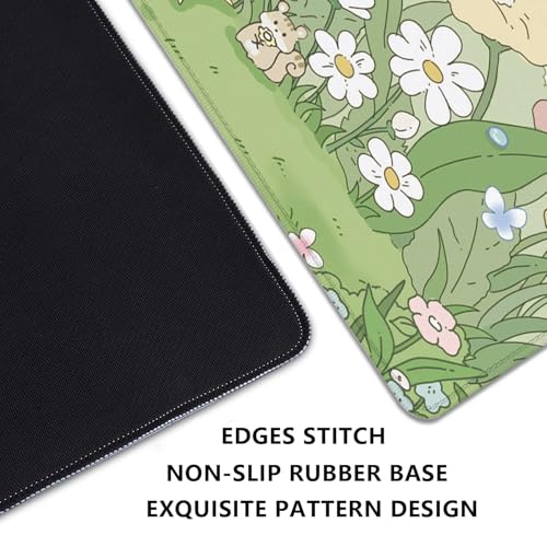 Image of Cute Cartoon Bear Rabbit Cat and Flowers Extended Desk Pad Mouse Pad,Stitched Edges Non-Slip Rubber Base XL Mouse Mat Desk Mat for Office Home Work Floral Mousepad(27.5X11.8 Inch)