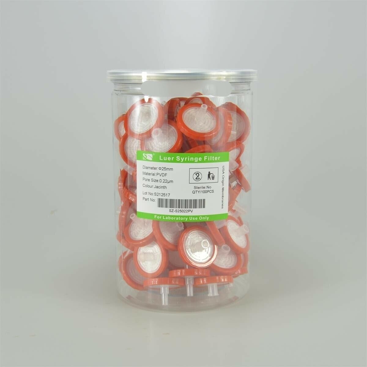 Laborspritzenfilter, Außendurchmesser = 25 mm, 0,22 um, aus PVDF, 100 Stück/Packung