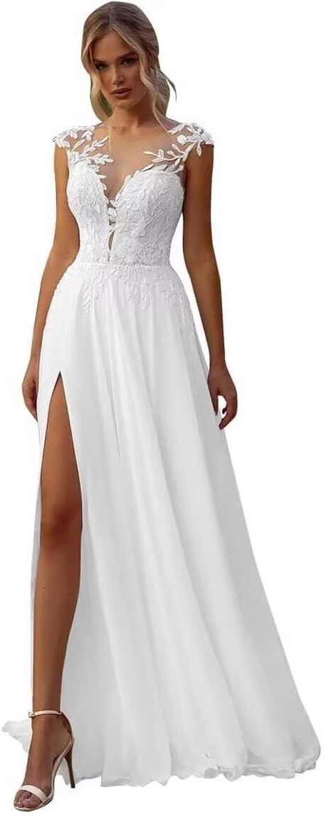 Womens Beading Appliques Wedding Dresses for Bride 2025 Simple Beach Wedding Dress Boho Bridal Gown with Slit XWD4