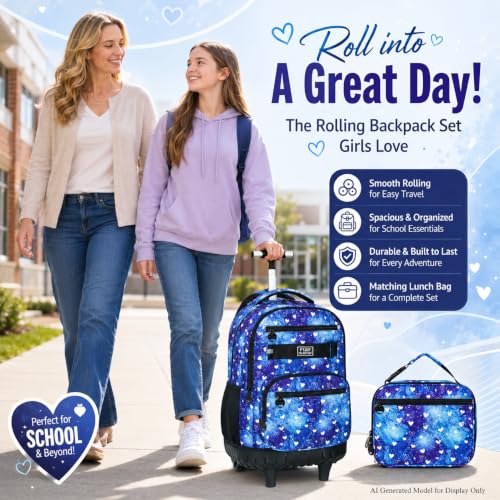 Image of 3Pcs Rolling Backpack for Girls Women, Travel Roller Backpacks with Wheels for Adults, Teens College Love Polka Dots Wheeled Bookbag with Lunch Box(Blue)