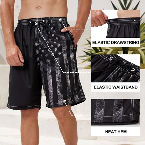 Mens Swim Trunks with Compression Liner, Vintage Black American Flag Mens Bathing Suit Swimming Trunks 9 Inch Inseam Board Shorts Men\'s Swimwear, 4 Way Stretch Beach Shorts Quick Dry Swimsuits, L - Thumbnail 6