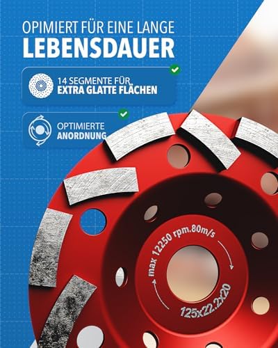 Bild 3 - Betonschleifer [125x22.2x20] Betonfräse, Schleifteller 125mm, Estrichschleifer - Schleifscheibe für Betonbearbeitung, Diamantschleiftopf für Absaugung, Sanierungsfräse, Schleiftopf