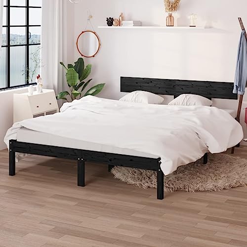 Frdhee Cama de madera maciza de pino negro, 150 x 200 cm, plataforma para colchón, dormitorio, fácil montaje