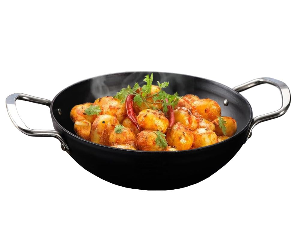 amicus Kitchen Iron Kadai for Cooking & Deep Frying, Pre-Seasoned Iron Kadhai Fry Pan, Gas & Induction Friendly, 25 cm, 2 L, 1.26 Kg, Black