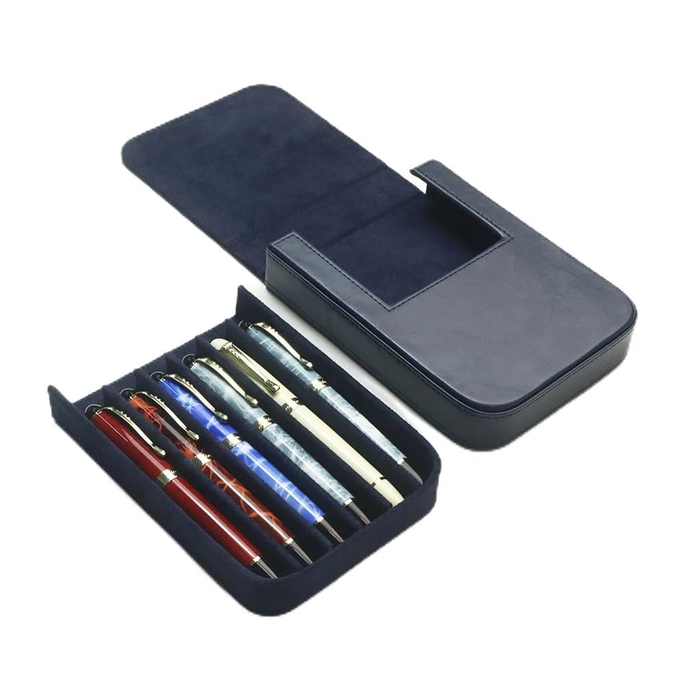 6Slots Leather Fountain Pen Case Collector Organizer - Handmade Pen Case Vintage Crazy Horse Print Leather Pen Protective Sleeve Cover Pen Storage Gift Box (6slot-Blue)