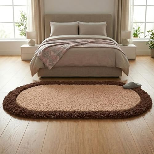 Image of Shaggy Runner, Polyester Rug, Hallway Carpet, Bedside Runner, Plush Area Rug, high Pile Rug, 2 inch Pile, Fluffy Floor mat. - (2x4 feet, Beige /Coffee, Oval)