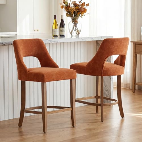 Image of UVV Bar Stools Set of 2, Upholstered Counter Height Bar Stools, Modern Counter Stools with Wood Legs for Kitchen Island Dining Room Bar, Orange