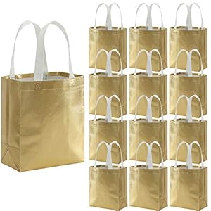 Tosnail 40 Pack 10 x 8 Inch Glossy Gold Reusable Grocery Bags Shopping Tote Bag with Handle Present Bag Gift Bag for Weddings, Birthdays, Party, Event – Gold